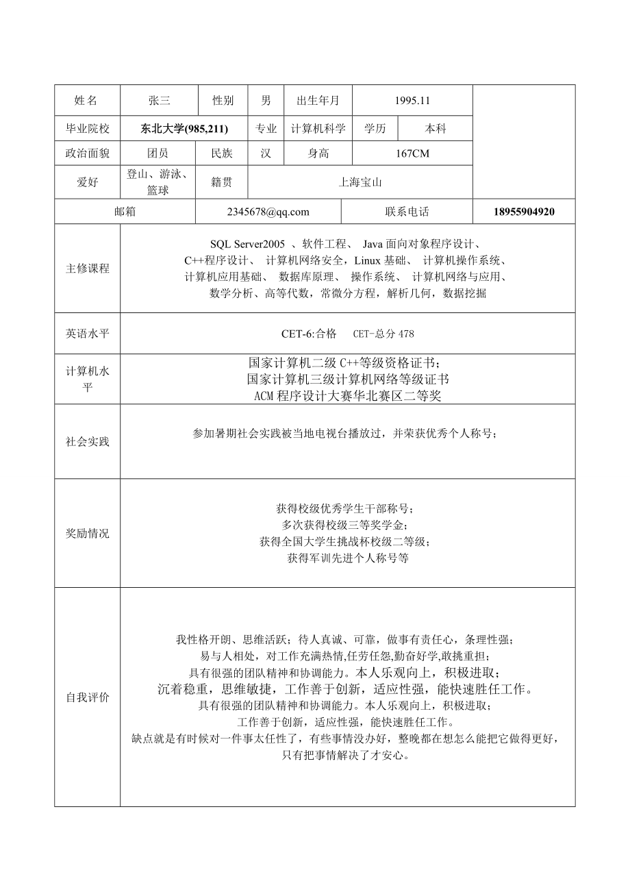 在校生实习简历模板_在校生简历模板_在校生简历