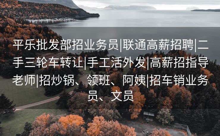 平乐批发部招业务员|联通高薪招聘|二手三轮车转让|手工活外发|高薪招指导老师|招炒锅、领班、阿姨|招车销业务员、文员